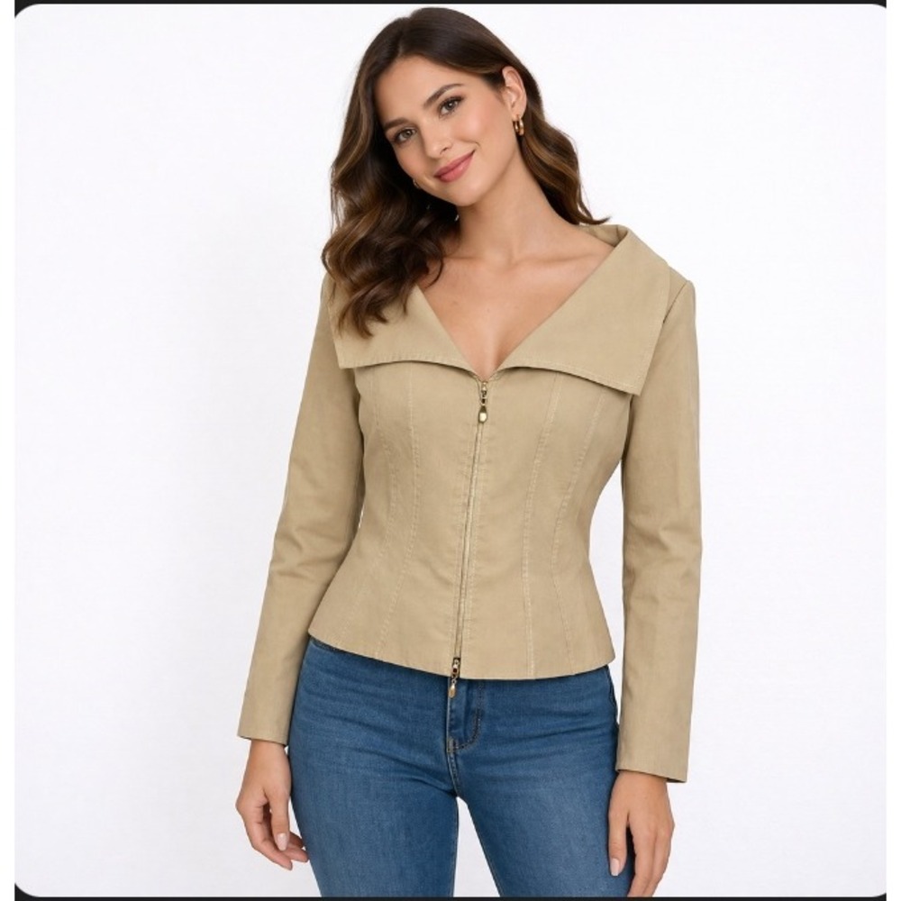 Escada Zip Front Jacket Women EU 38 US 6 Tan Collared Peplum Contrast Stitch
